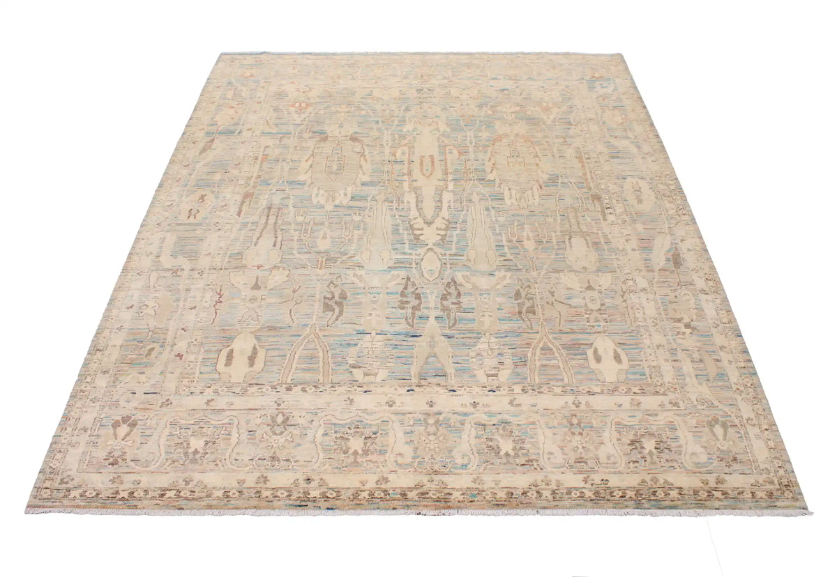 Orientteppich mit langen Blattmotiven in Blau und Creme, 308 × 250 cm – Ansicht 2 des handgeknüpften Wollteppichs