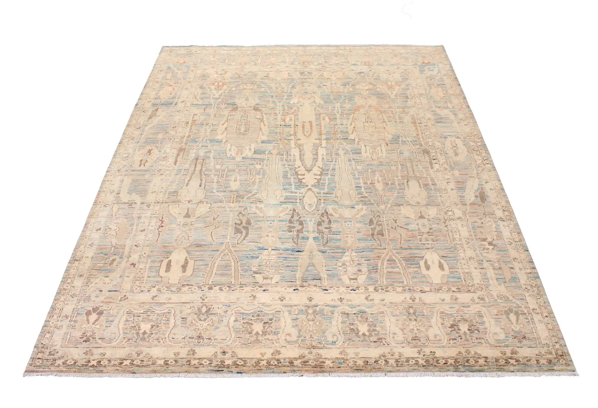 Orientteppich mit langen Blattmotiven in Blau und Creme, 308 × 250 cm – Ansicht 3 des handgeknüpften Wollteppichs
