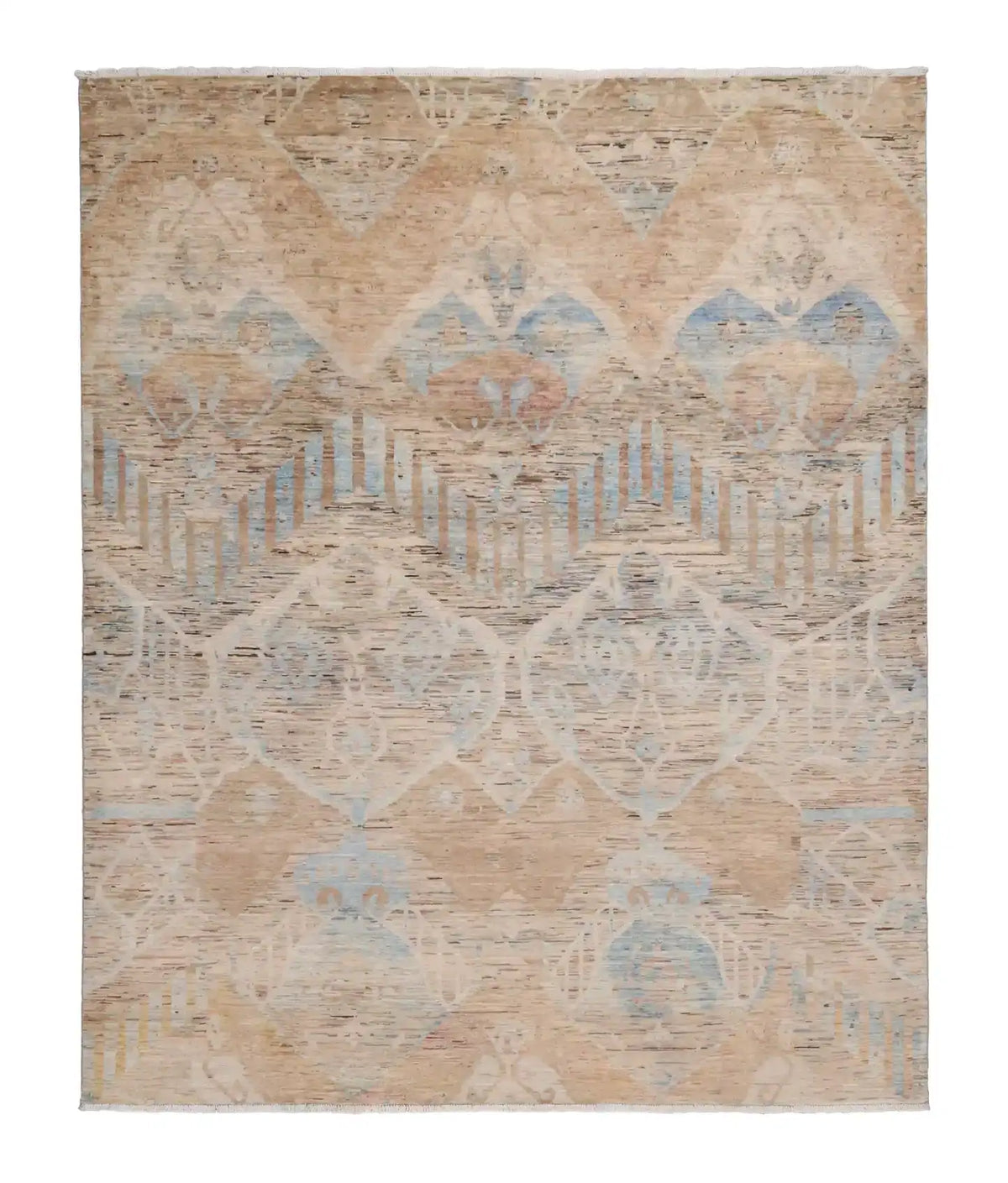 Afghan Rug with Large Sand & Blue Diamonds, 293 × 250 cm, overall view.