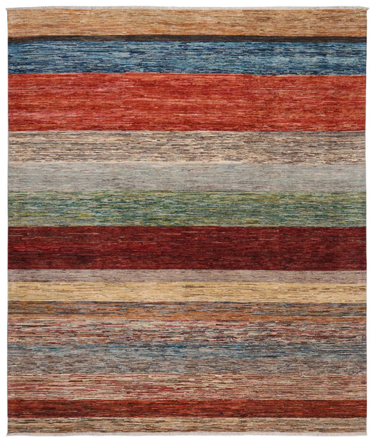 Bunter Gabbeh-Teppich mit breiten Querstreifen, 306 × 262 cm – Gesamtansicht