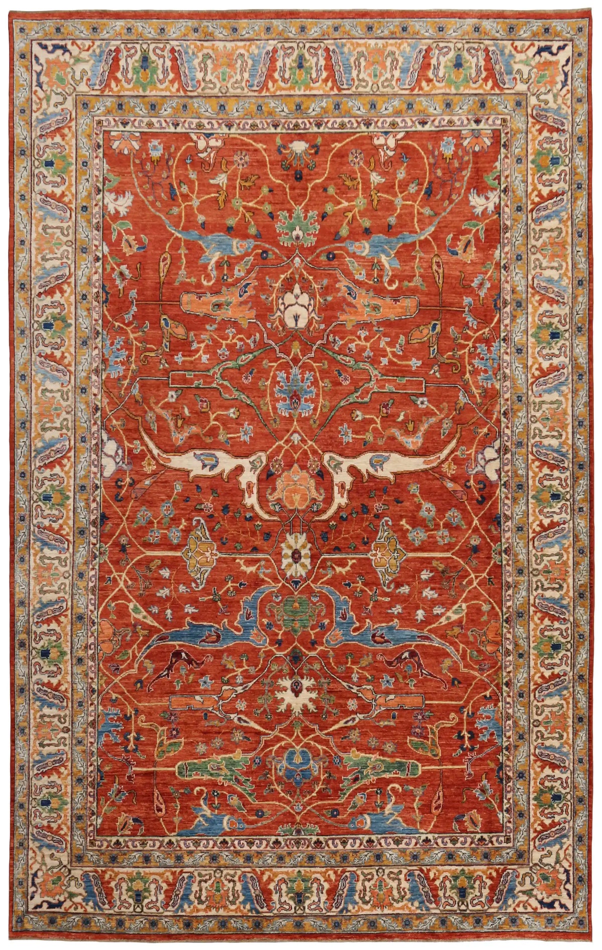 Red Taimori Rug with Blue Ornamental Border, 391 × 252 cm, overall view.