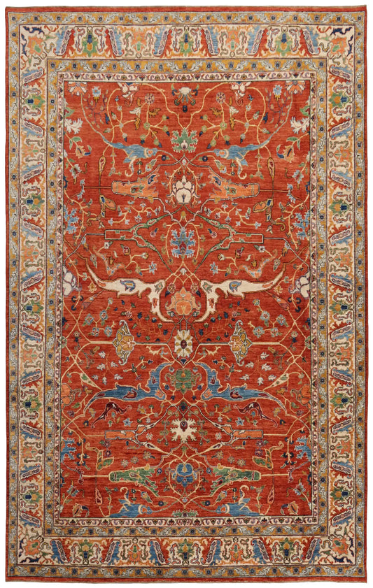 Roter Taimori-Teppich mit blauer Ornamentbordüre, 391 × 252 cm – Gesamtansicht