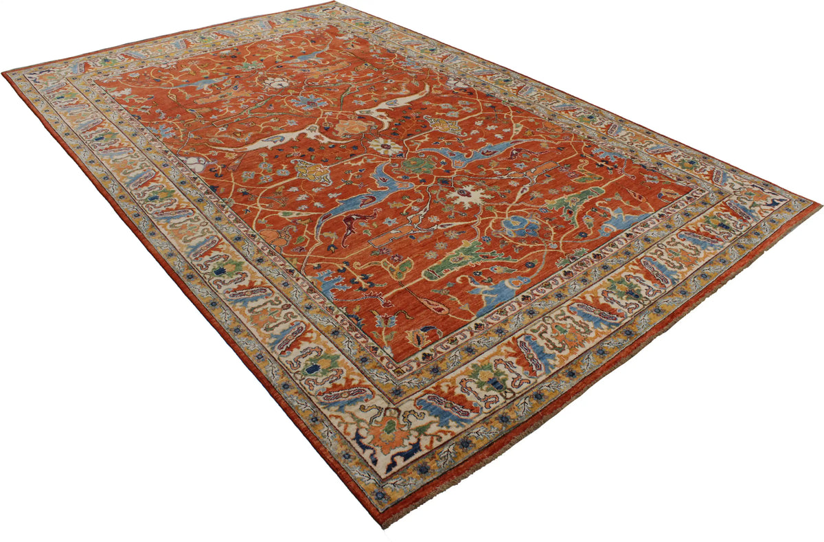 Red Taimori Rug with Blue Ornamental Border, 391 × 252 cm, view 3.