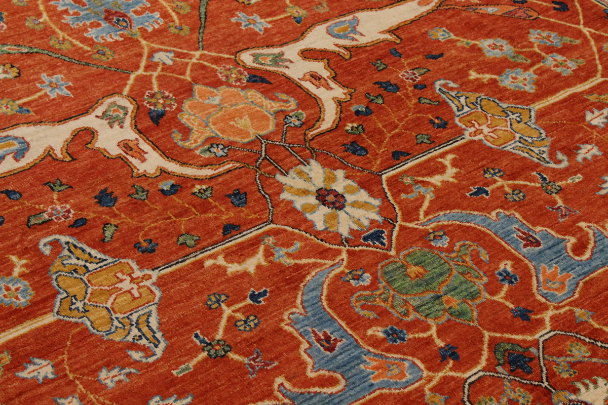 Red Taimori Rug with Blue Ornamental Border, 391 × 252 cm, view 4.