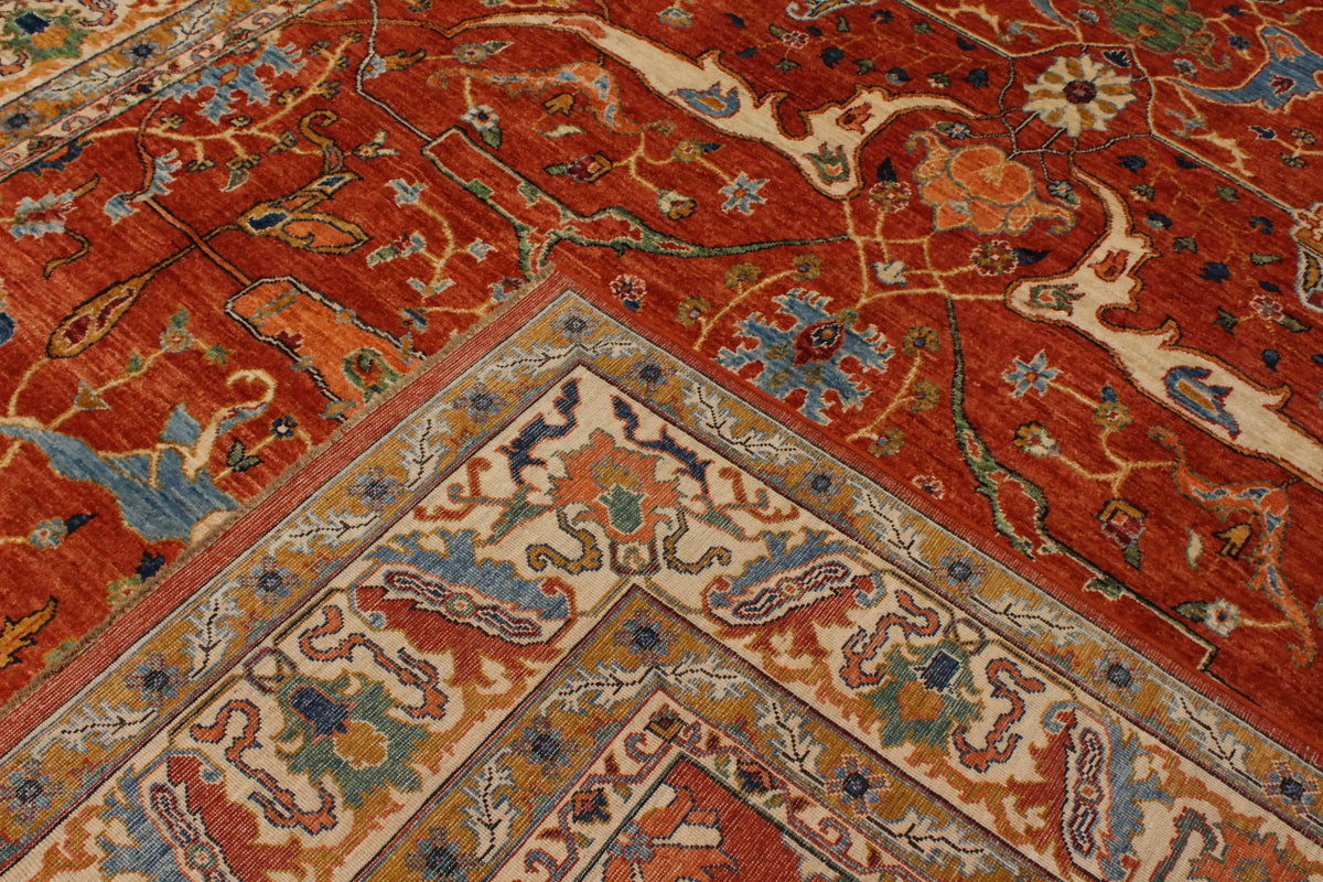 Red Taimori Rug with Blue Ornamental Border, 391 × 252 cm, view 5.