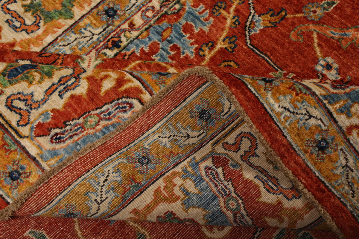 Red Taimori Rug with Blue Ornamental Border, 391 × 252 cm, view 8.