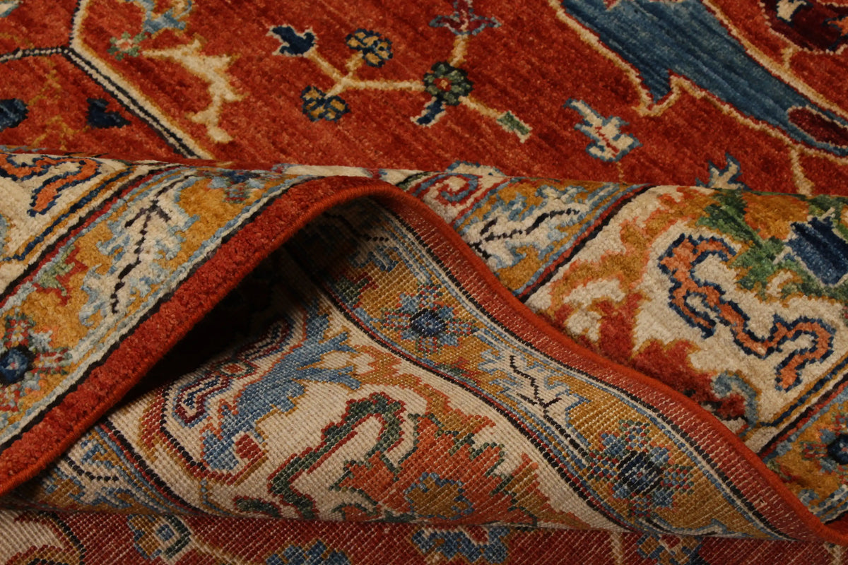 Red Taimori Rug with Blue Ornamental Border, 391 × 252 cm, view 9.