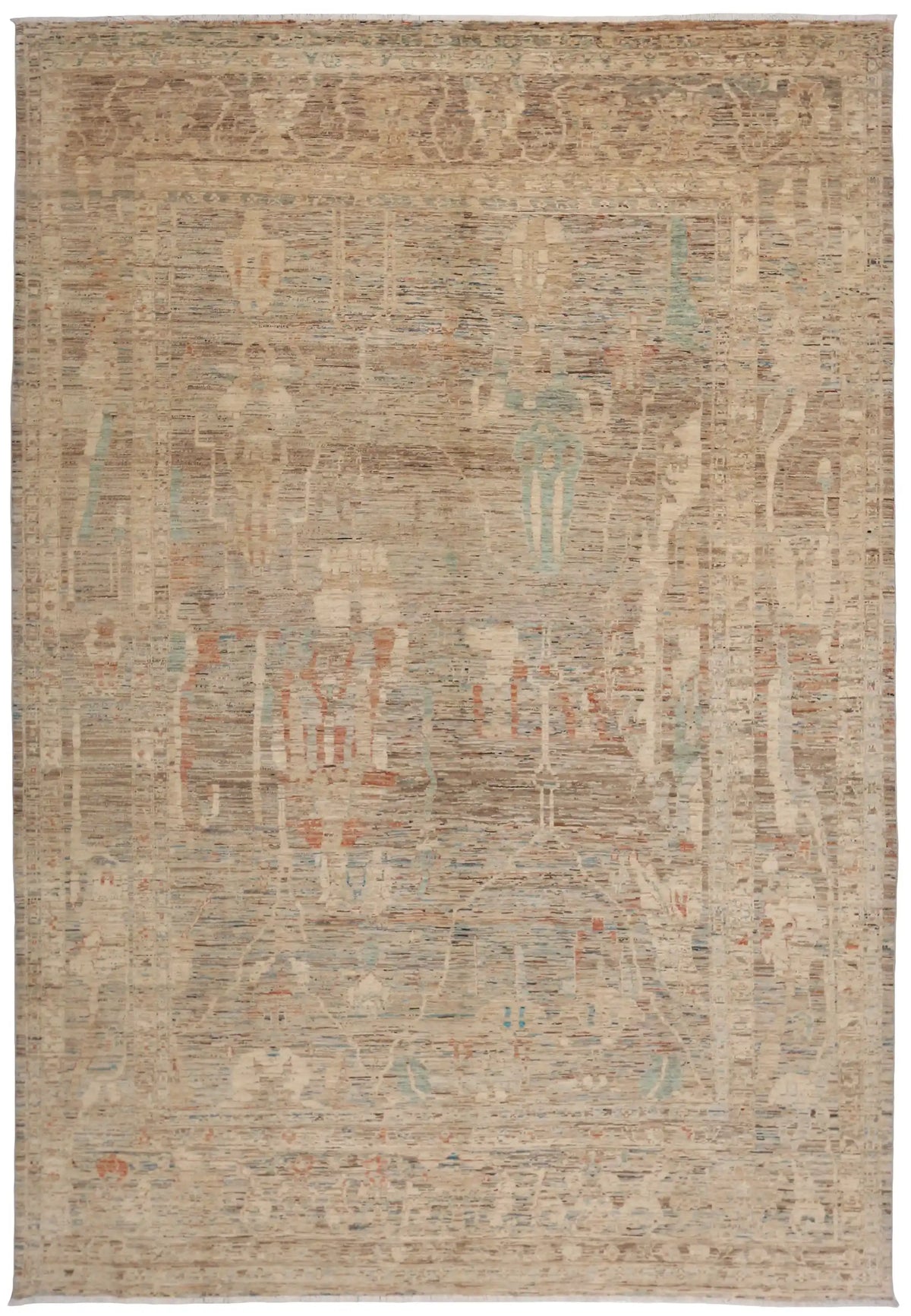 Beiger Orientteppich mit salbeigrünen Blüten, 402 × 296 cm – Gesamtansicht