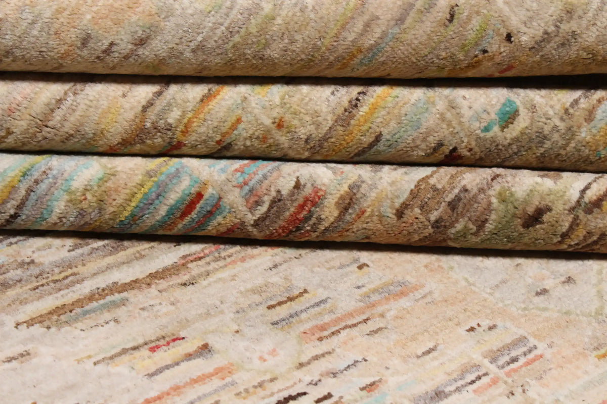 Afghan Rug with Beige & Rust Red Color Lines, 298 × 246 cm, view 7.