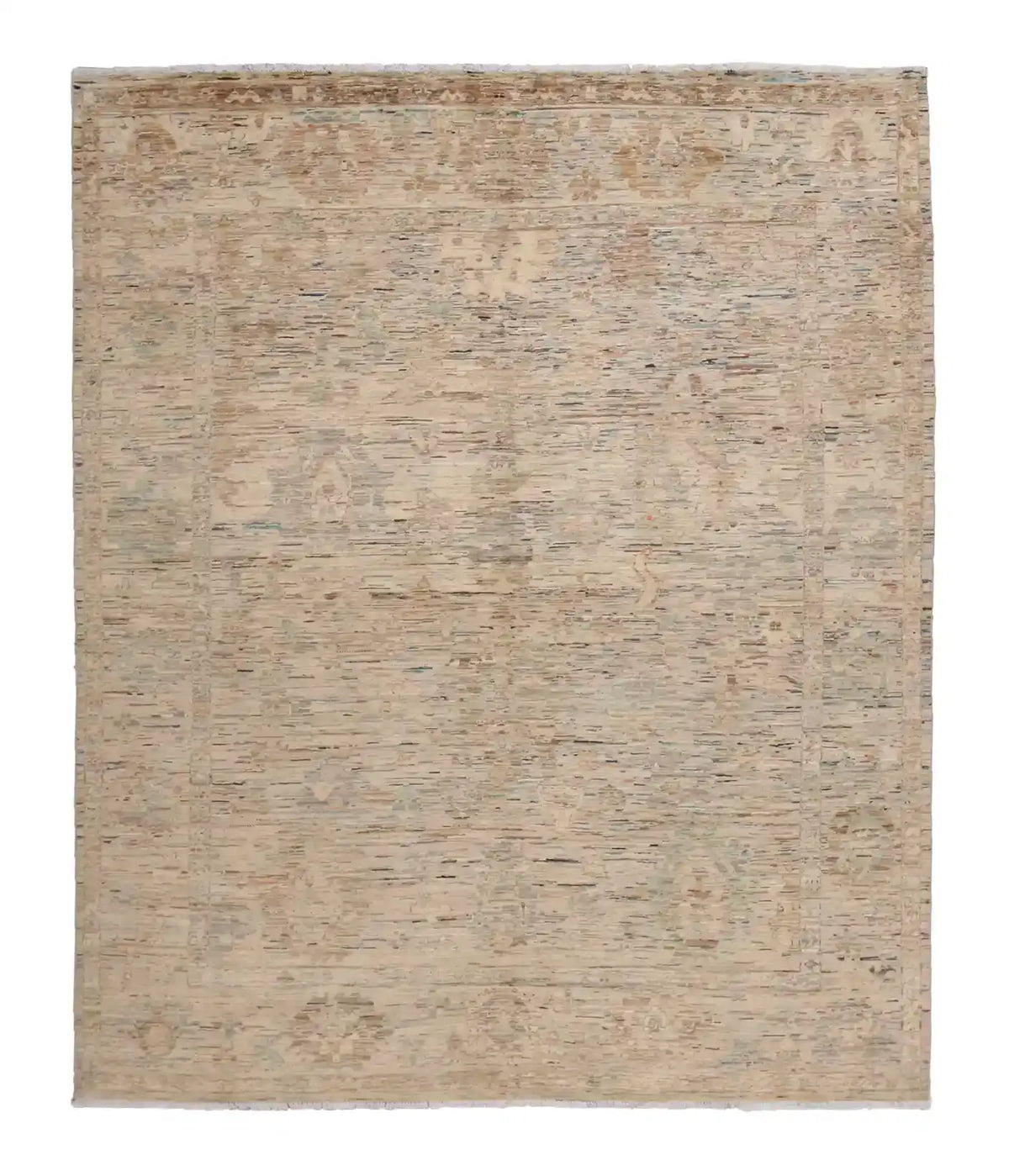 Beige Afghan Rug with Light Floral Border, 291 × 250 cm, overall view.