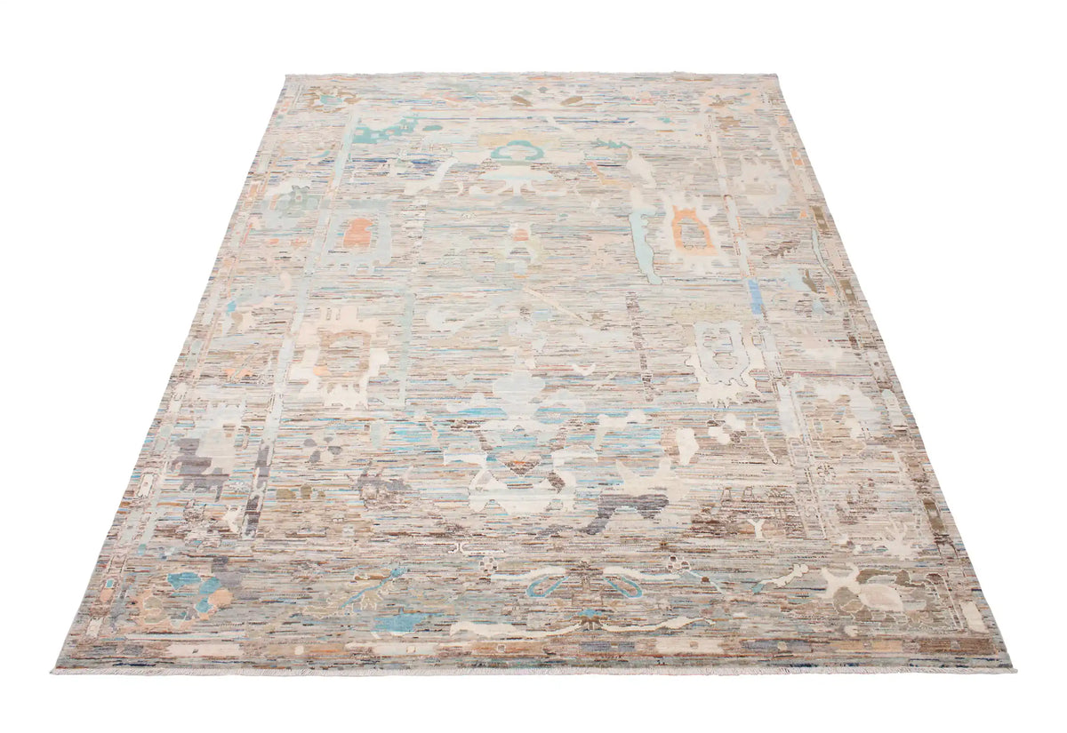 Bunter Orientteppich mit abstrakten Blüten auf Hellblau, 316 × 240 cm – Ansicht 2 des handgeknüpften Wollteppichs