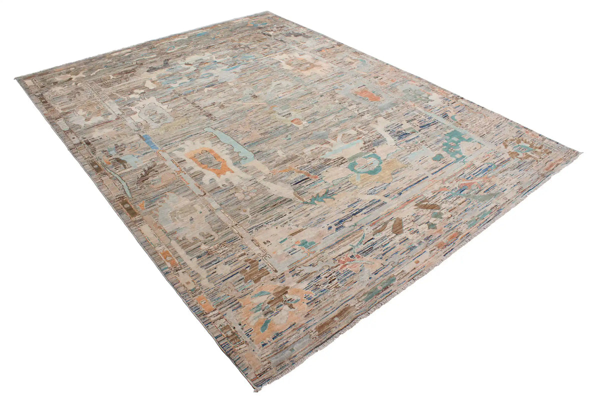 Bunter Orientteppich mit abstrakten Blüten auf Hellblau, 316 × 240 cm – Ansicht 3 des handgeknüpften Wollteppichs