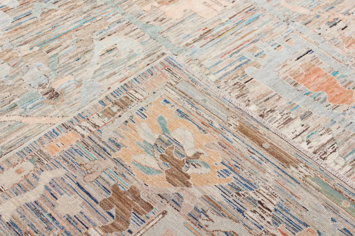 Bunter Orientteppich mit abstrakten Blüten auf Hellblau, 316 × 240 cm – Ansicht 6 des handgeknüpften Wollteppichs