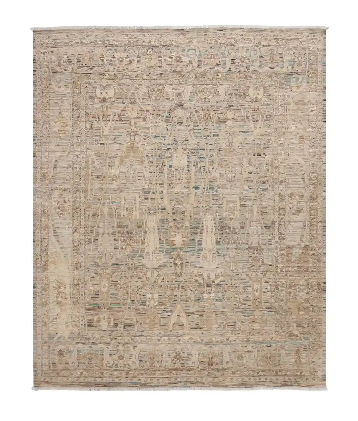 Greige Afghan Rug with Long Leaf Ornaments, 299 × 247 cm, overall view.