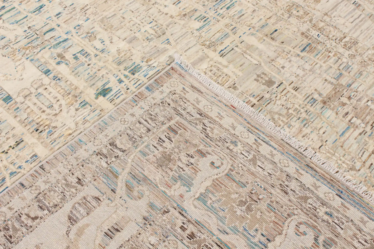 Greige Afghan Rug with Long Leaf Ornaments, 299 × 247 cm, view 5.