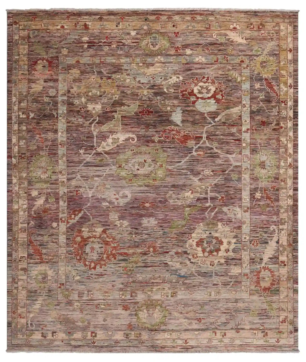 Floraler handgeknüpfter Orientteppich aus Wolle in Braun und Grün, 300 × 260 cm – Gesamtansicht