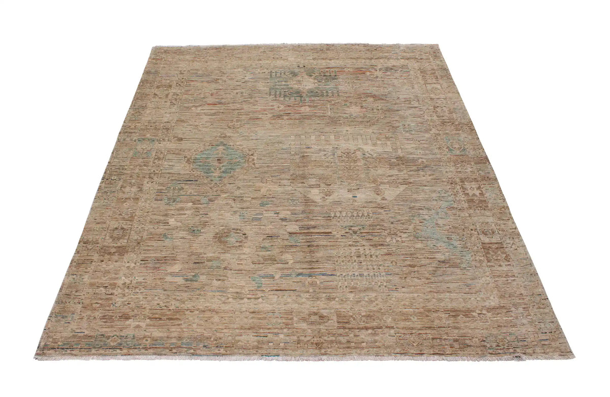 Beiger Orientteppich mit blauer Rosette, 301 × 254 cm – Ansicht 2 des handgeknüpften Wollteppichs