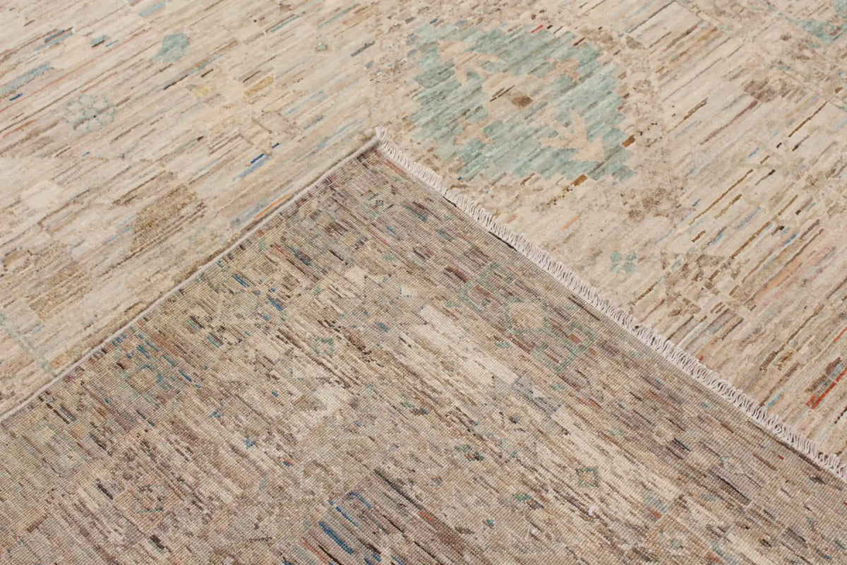 Beiger Orientteppich mit blauer Rosette, 301 × 254 cm – Ansicht 5 des handgeknüpften Wollteppichs
