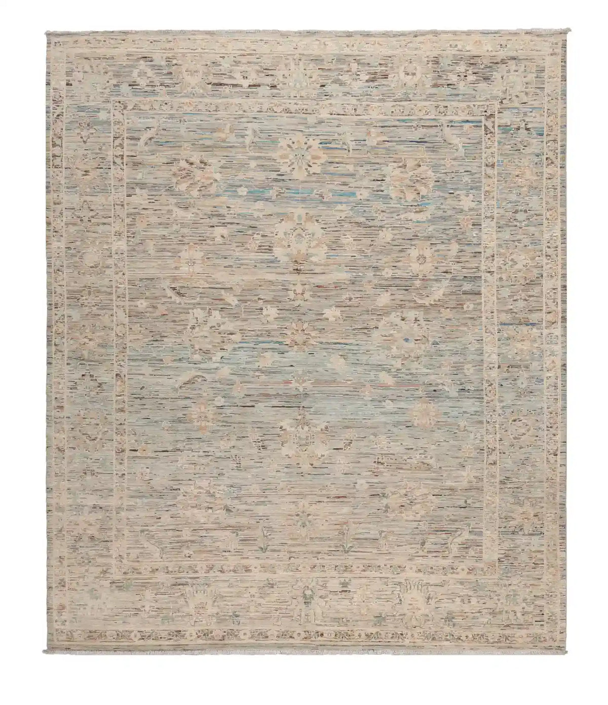 Cream Afghan Rug with Aqua Blue Motifs, 295 × 252 cm, overall view.