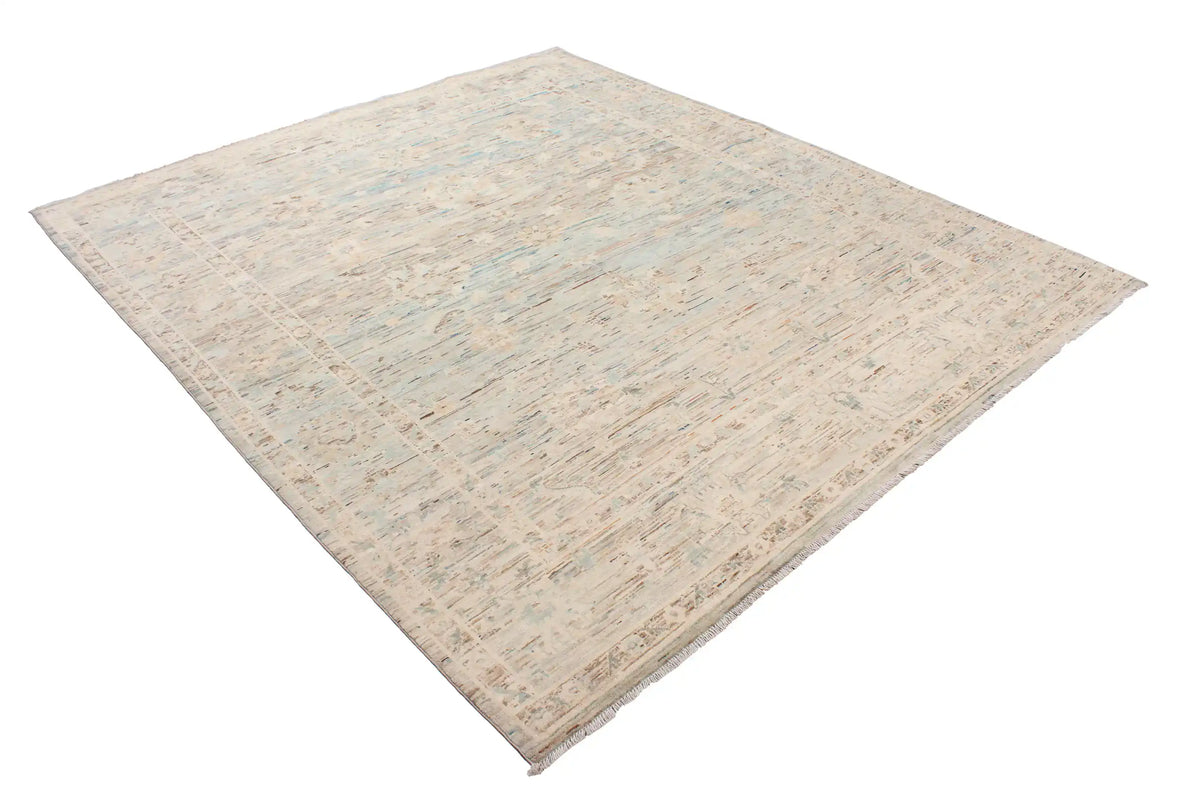 Cream Afghan Rug with Aqua Blue Motifs, 295 × 252 cm, view 3.