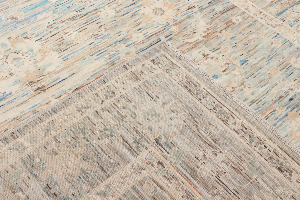 Cream Afghan Rug with Aqua Blue Motifs, 295 × 252 cm, view 5.
