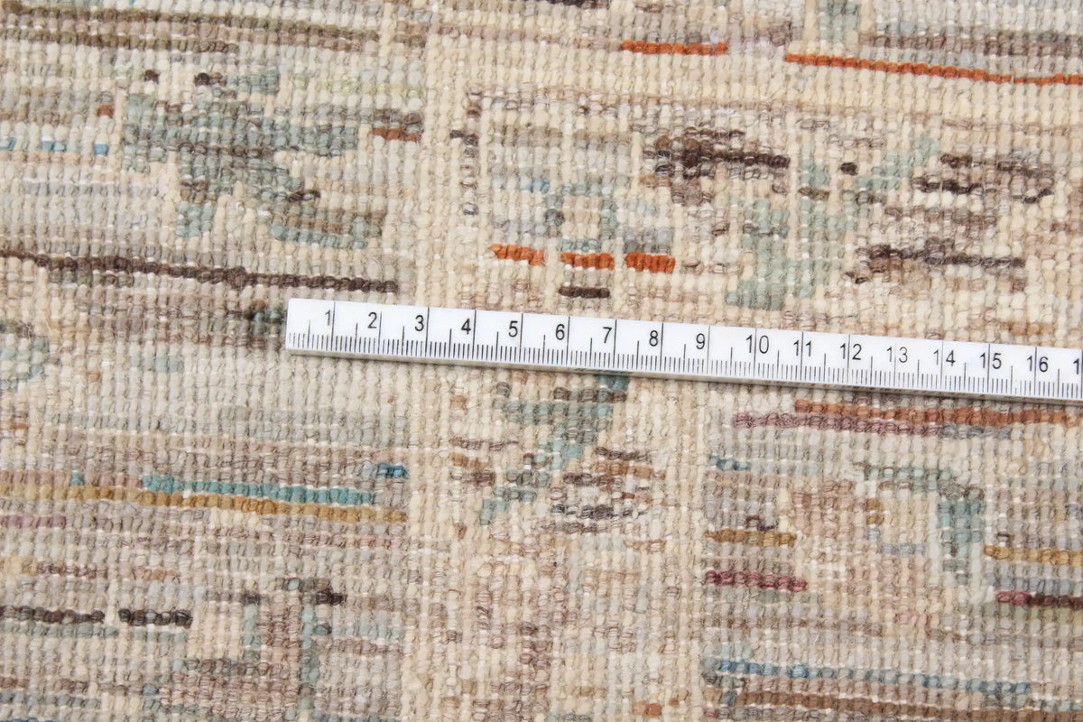 Cream Afghan Rug with Aqua Blue Motifs, 295 × 252 cm, view 6.
