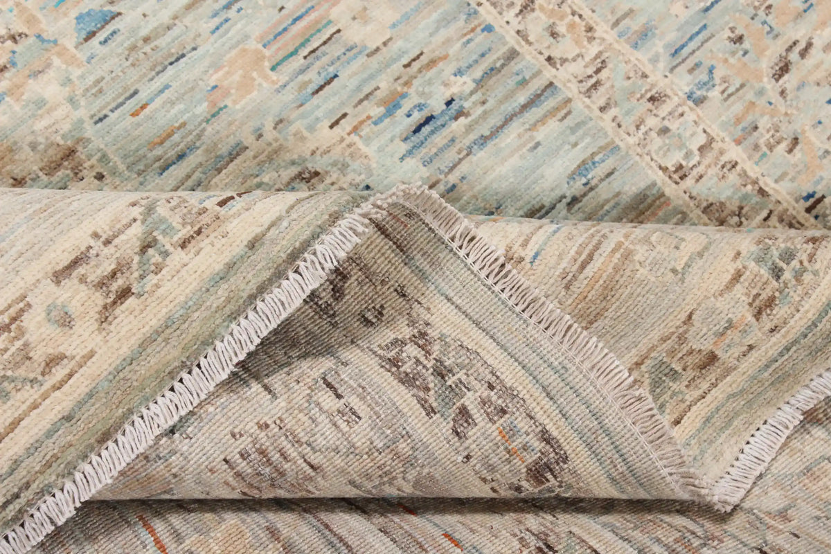 Cream Afghan Rug with Aqua Blue Motifs, 295 × 252 cm, view 8.