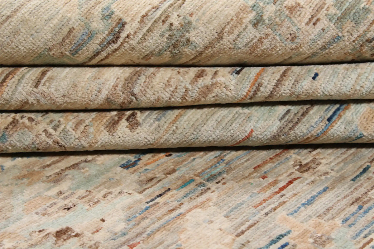 Cream Afghan Rug with Aqua Blue Motifs, 295 × 252 cm, view 9.