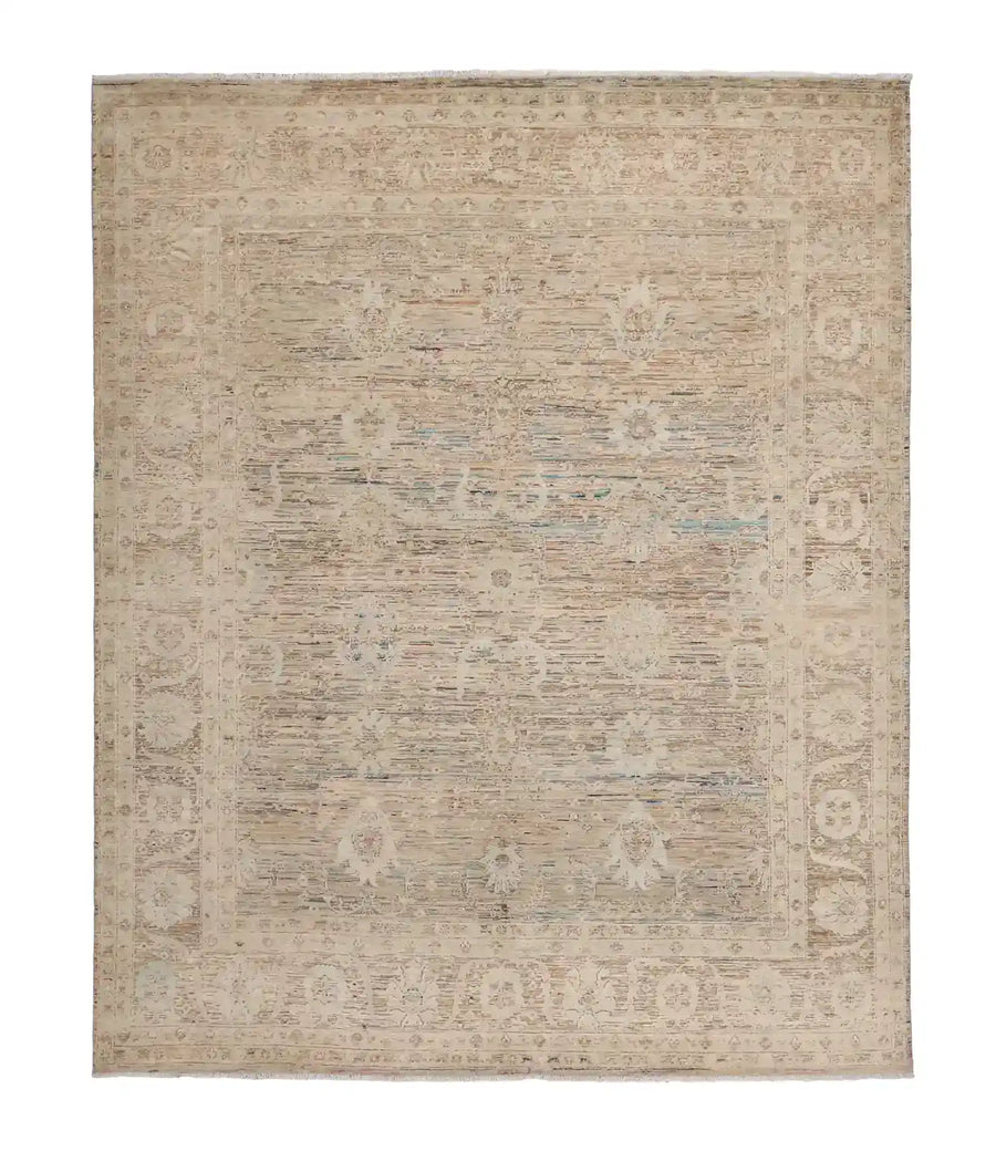 Light Afghan Rug with Framed Blue Flowers, 303 × 252 cm, overall view.