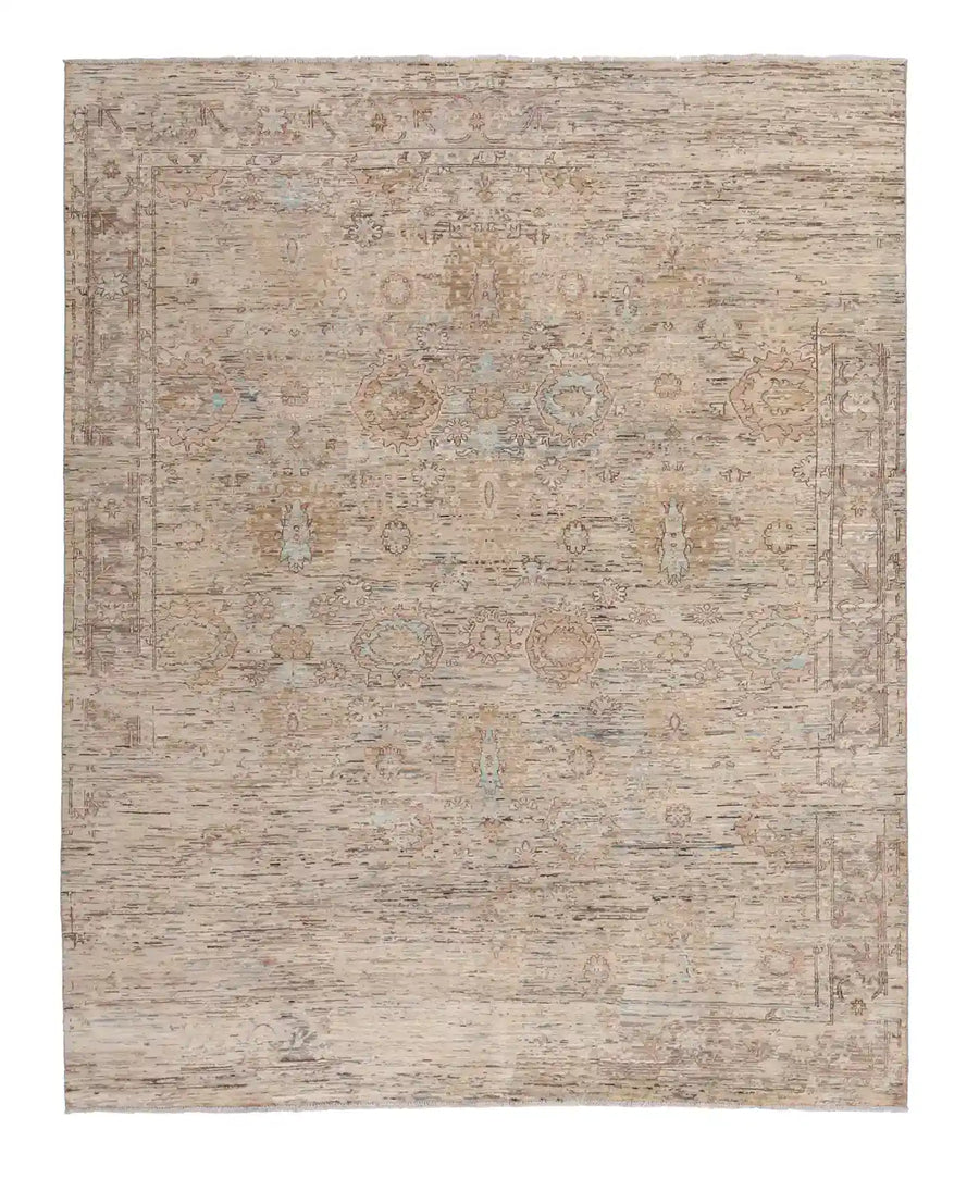 Beige Afghan Rug with Dense Floral Field, 295 × 246 cm, overall view.