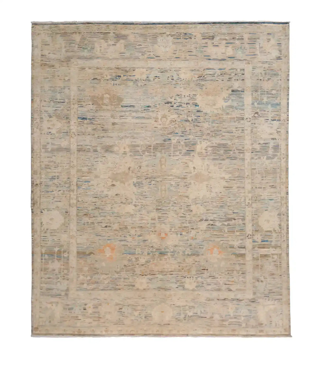 Blue-Gray Afghan Rug with Light Floral Motifs, 302 × 253 cm, overall view.