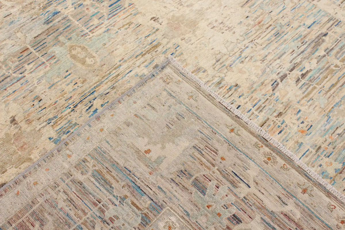 Blue-Gray Afghan Rug with Light Floral Motifs, 302 × 253 cm, view 6.