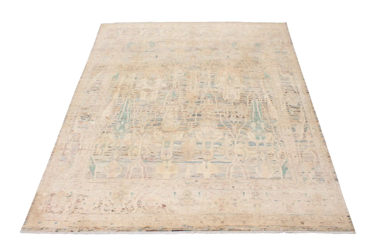Light Afghan Rug with Long Blue Leaf Motifs, 293 × 250 cm, view 2.