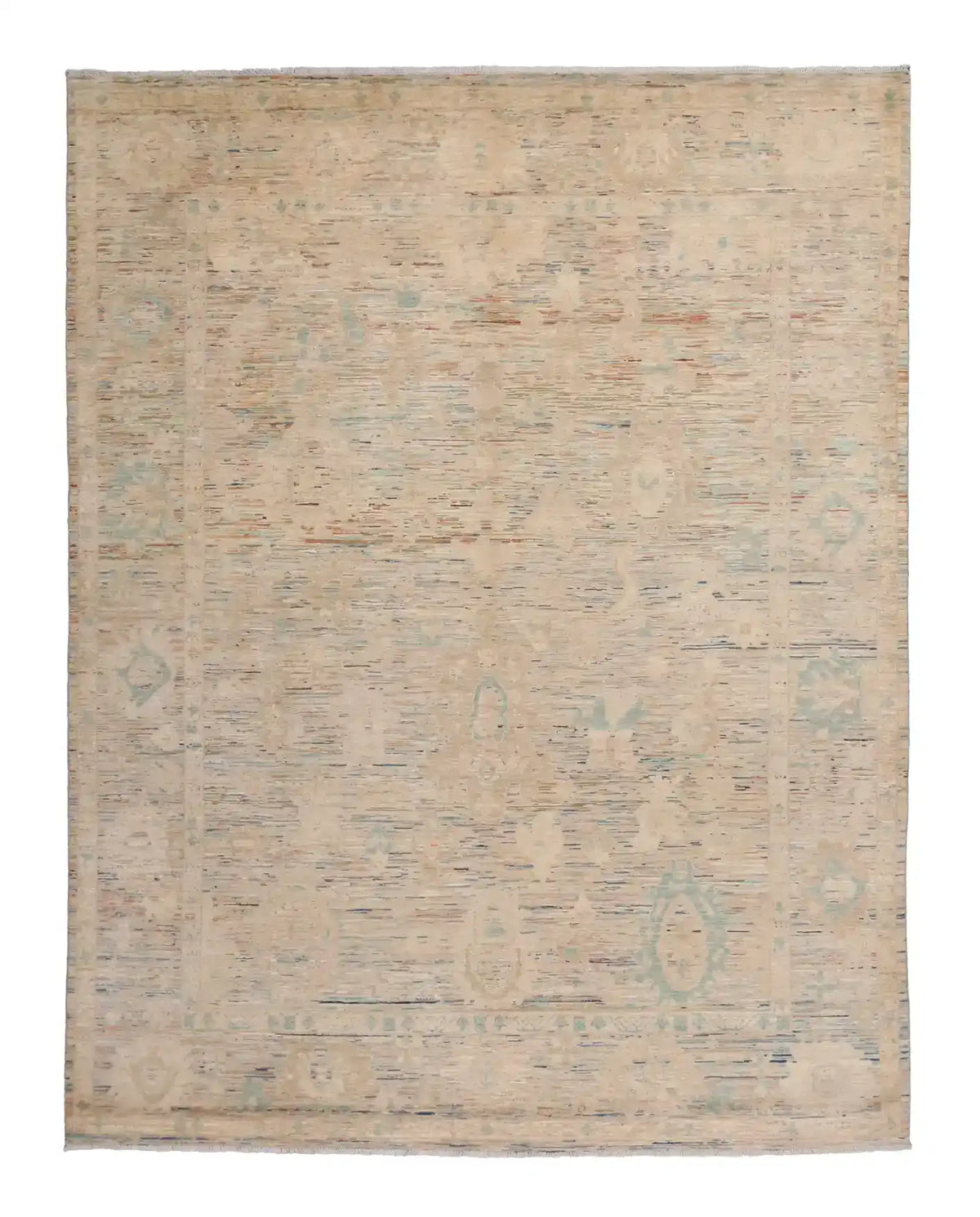 Beiger Orientteppich mit zarten blauen Blüten, 311 × 252 cm – Gesamtansicht