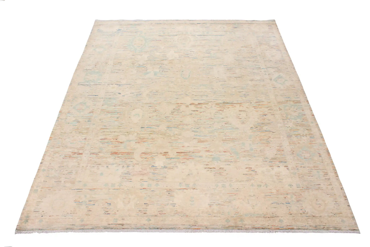 Beiger Orientteppich mit zarten blauen Blüten, 311 × 252 cm – Ansicht 2 des handgeknüpften Wollteppichs