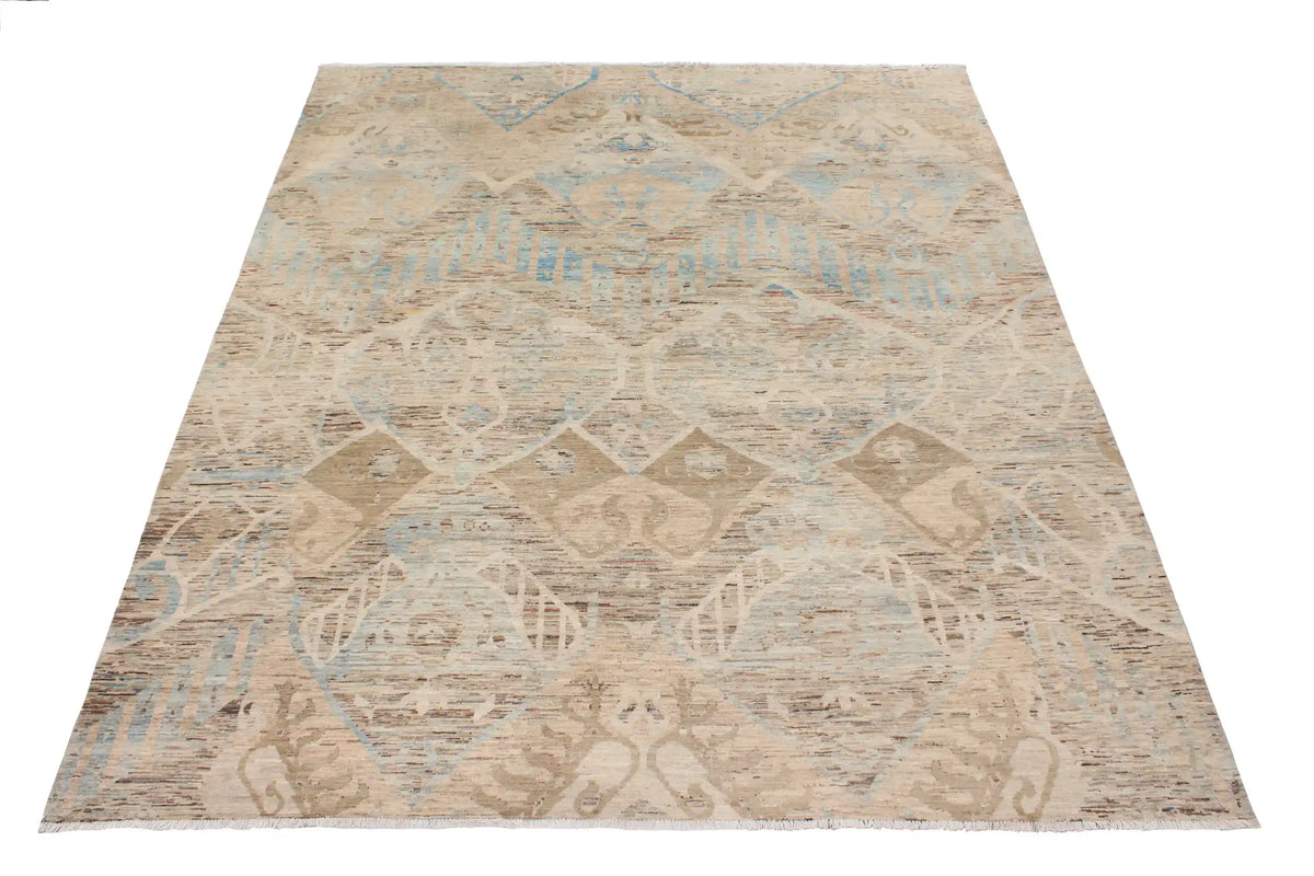Heller Orientteppich mit großen Rauten in Beige und Blau, 295 × 243 cm – Ansicht 2 des handgeknüpften Wollteppichs