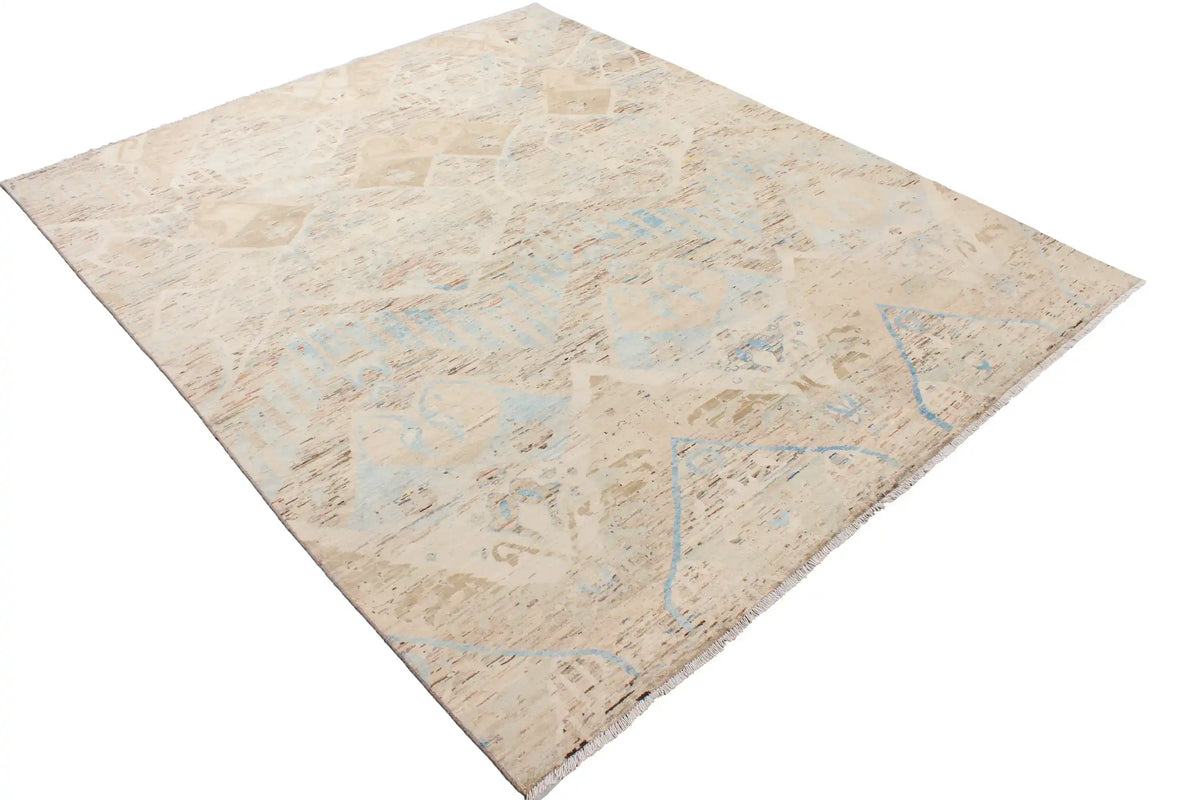 Heller Orientteppich mit großen Rauten in Beige und Blau, 295 × 243 cm – Ansicht 3 des handgeknüpften Wollteppichs