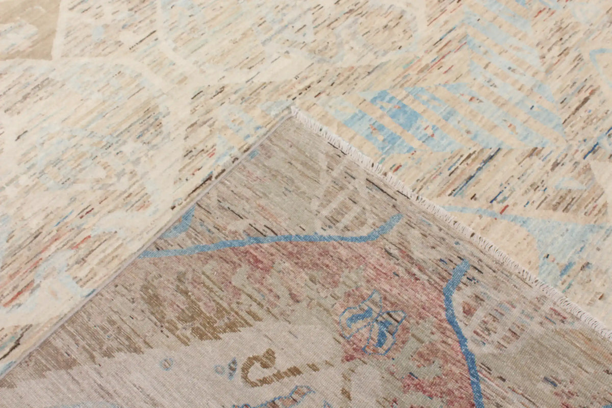 Heller Orientteppich mit großen Rauten in Beige und Blau, 295 × 243 cm – Ansicht 5 des handgeknüpften Wollteppichs