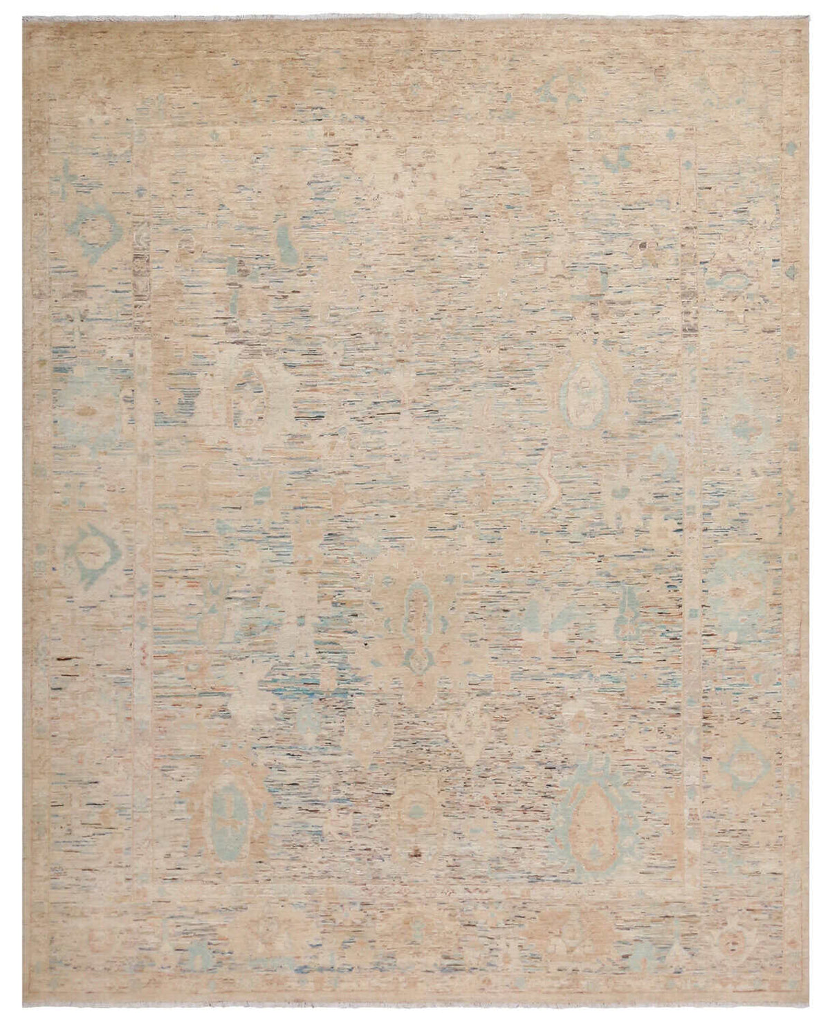 Heller Wollteppich mit pastellblauen Blattornamenten, 301 × 246 cm – Gesamtansicht des handgeknüpften Wollteppichs