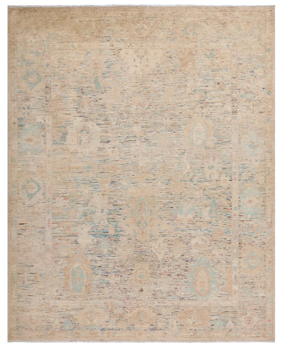 Light Afghan Wool Rug with Pastel Blue Leaves, 301 × 246 cm, overall view.