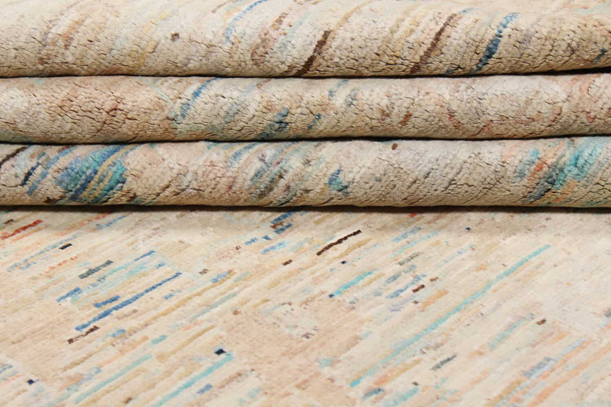 Heller Wollteppich mit pastellblauen Blattornamenten, 301 × 246 cm – weitere Ansicht 5