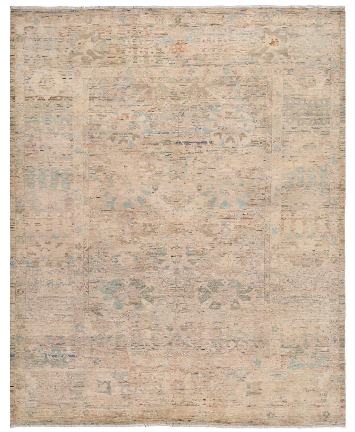 Heller Orientteppich mit Blüten in Creme und Pastellblau, 302 × 250 cm – Gesamtansicht des handgeknüpften Wollteppichs