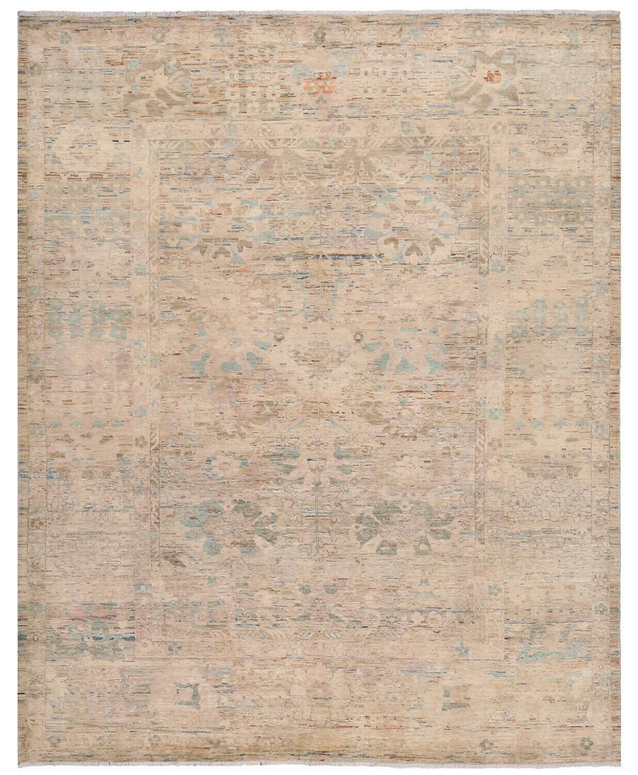 Light Afghan Rug with Cream & Blue Flowers, 302 × 250 cm, overall view.