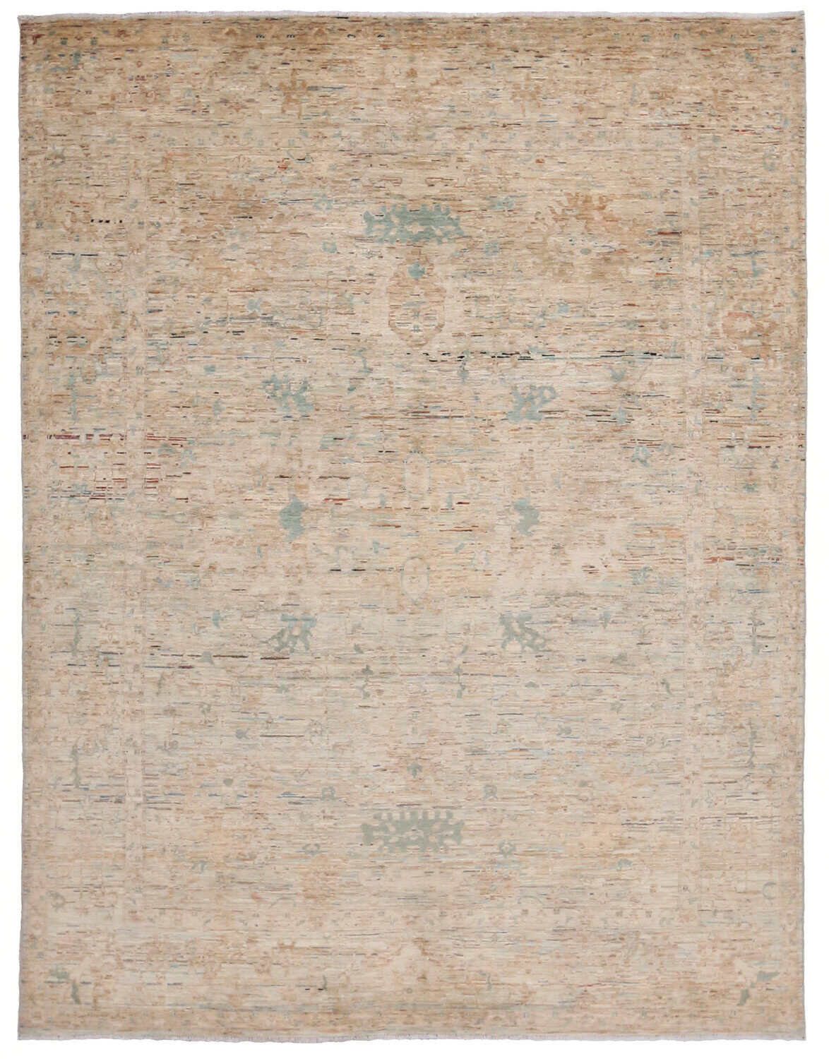 Cremefarbener Wollteppich mit dezenten blauen Blüten, 310 × 245 cm – Gesamtansicht des handgeknüpften Wollteppichs