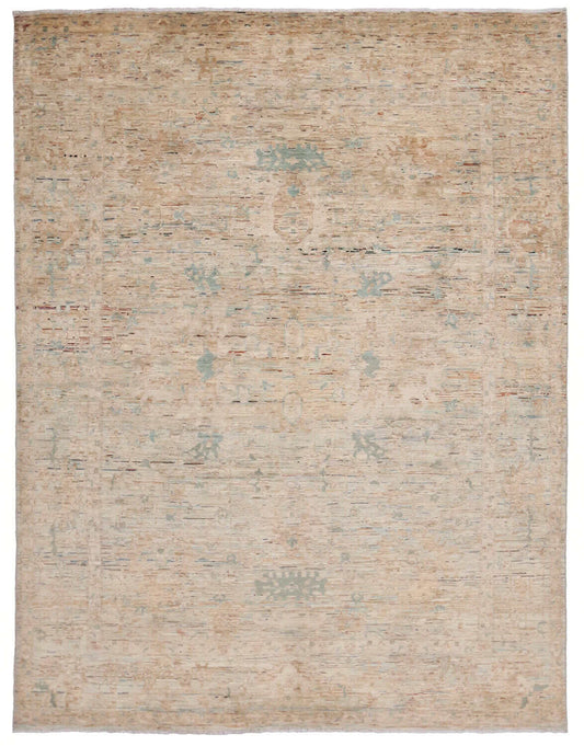 Cremefarbener Wollteppich mit dezenten blauen Blüten, 310 × 245 cm – Gesamtansicht des handgeknüpften Wollteppichs