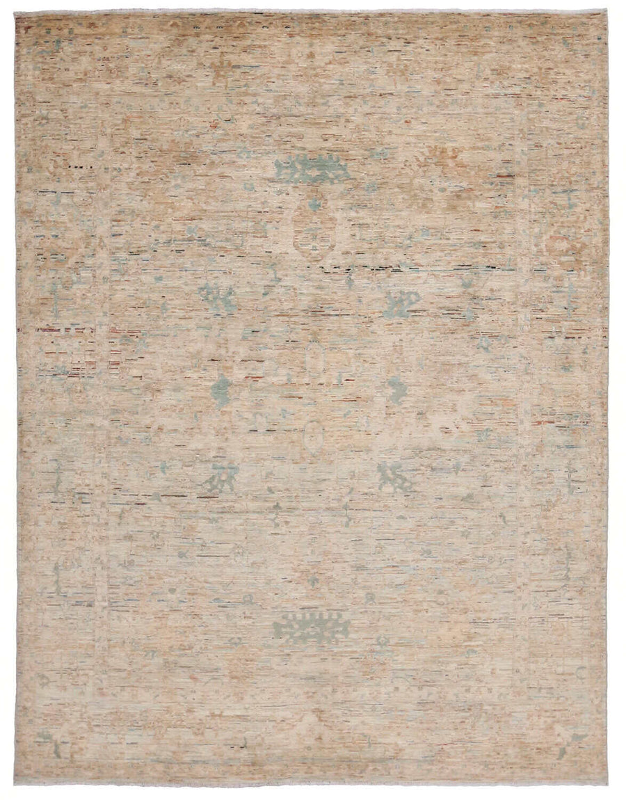 Cream Wool Rug with Subtle Blue Flowers, 310 × 245 cm, overall view.