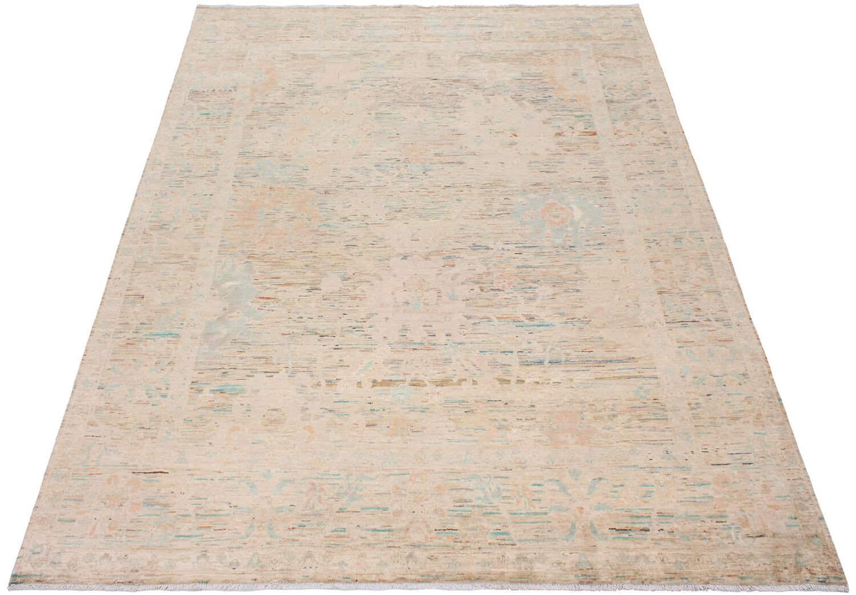 Orientteppich in Sandbeige mit großen pastellblauen Blüten, 302 × 250 cm – weitere Ansicht 2
