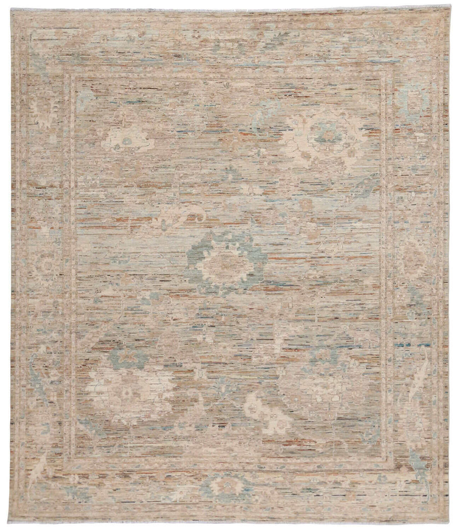 Greige Floral Afghan Rug with Green Accents, 294 × 246 cm, overall view.
