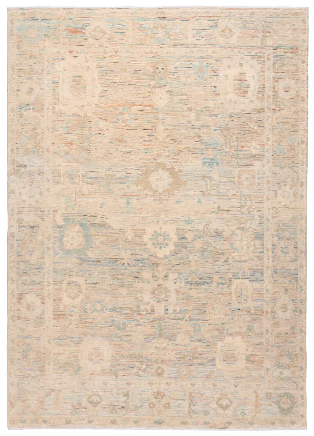 Abstrakter Wollteppich in Creme und Pastellblau, 352 × 252 cm, Gesamtansicht