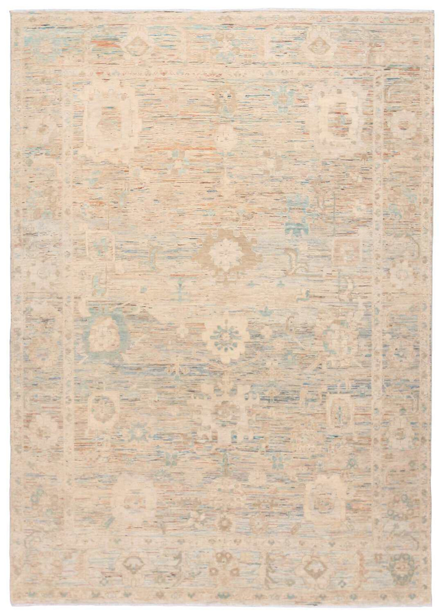 Cream & Pastel Blue Abstract Wool Rug, 352 × 252 cm, overall view.